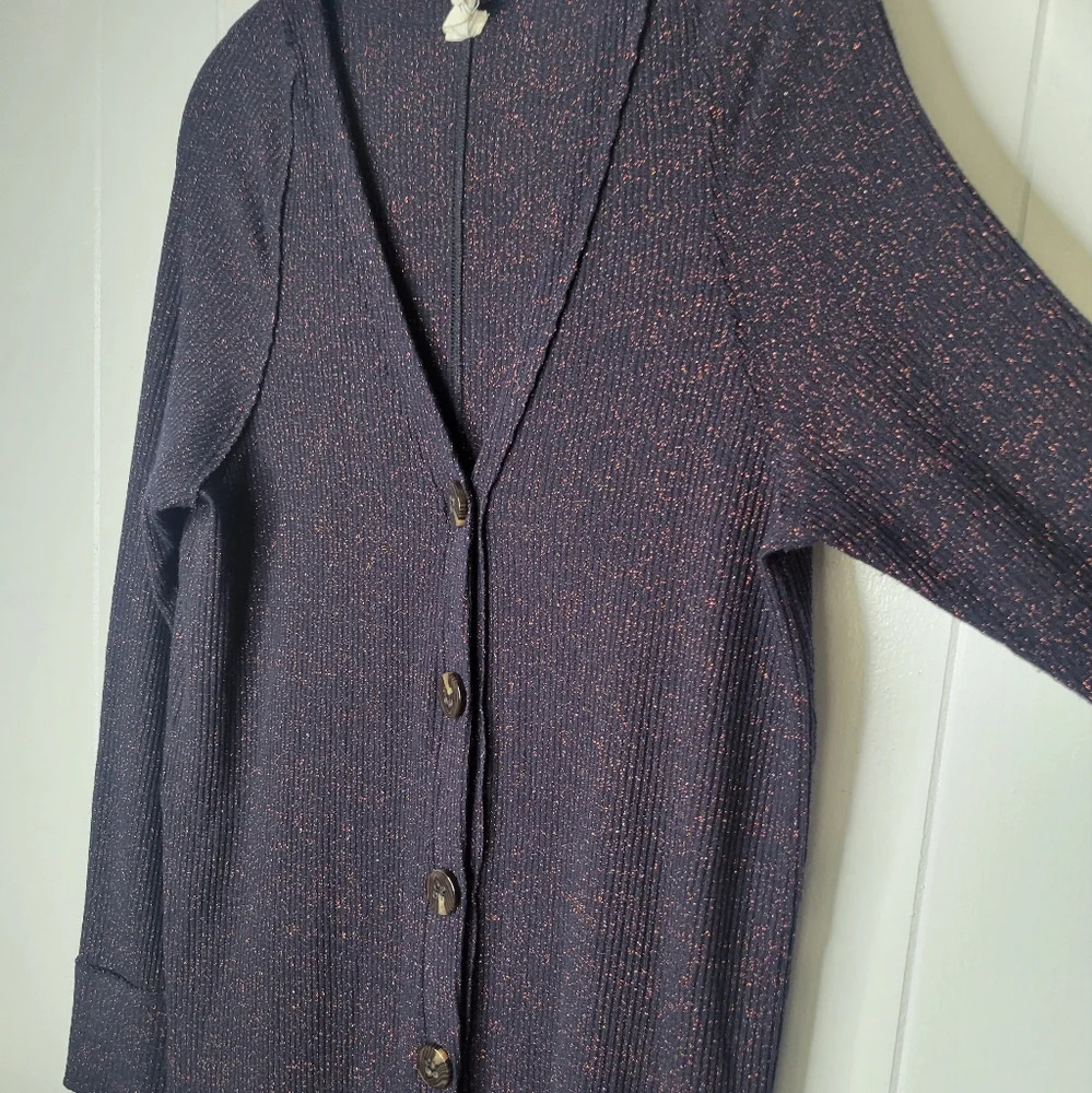 Free People We The Free Long Cardigan Duster Sweater Ribbed Button Up Glitter MD - Picture 7 of 12